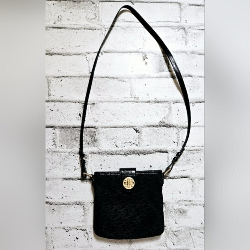 Dkny Black Logo Crossbody Purse Gold Turnlock